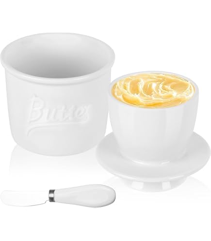 PRITOK Beurrier En Porcelaine : Récipient Rond En Céramique Avec Couvercle Pour Beurre Frais Et Tartinable (Blanc