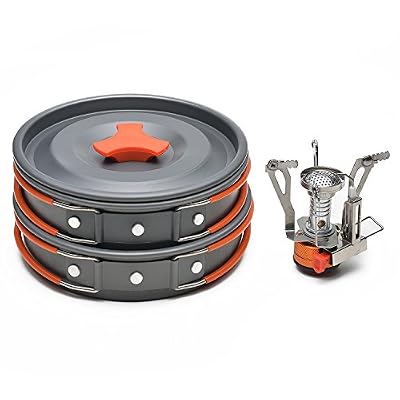 ODOLAND Kit de Casseroles + Réchaud Camping - Odoland Ustensiles complets, Ultraléger - Casseroles anti-adhésifs en Alliage d'Alu avec tasse d'eau, fourchette et mousqueton multifonction idéal pour Camping (orange)