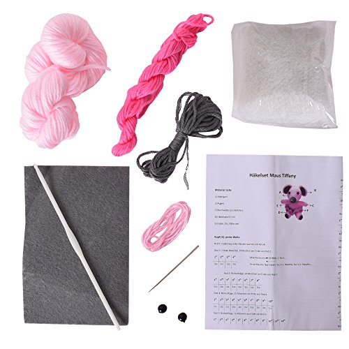 2 Stück DIY Mini Häkelset Bastelset Häkeltier Maus Elefant zum Selber Häkeln und Verschenken 10 cm rosa - 5