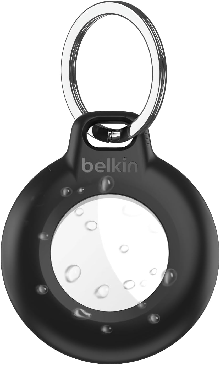Belkin Secure Holder Funda Impermeable con Llavero para AirTag, Cubierta Resistente y antiarañazos, Accesorio Protector con Anillo para Llaves, Mascotas, Mochilas, Maletas y Otros, Negro una Unidad