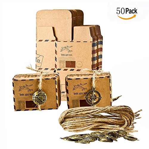 OFKPO 50 pcs Mariage Boîtes à bonbons, Boîtes à bonbons avec Tampon Motif Vintage Papier Kraft Chocolat Boîte Cadeau pour Fête de Mariage