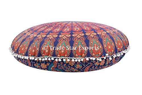 Groß Rund Mandala Kopfkissen 81,3 cm Indischen Boden Kissen, dekorativer Überwurf-, Roundie Pouf Polsterhocker, Boho kissenrollen, POM POM Außenkissenbezug - 3