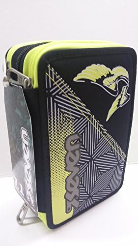 Seven Pencil Case Black and Yellow 3 Zip Complete Three Hinges Rebel Boy