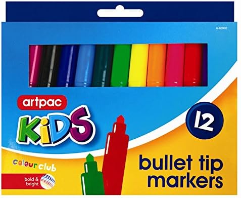 12 x Bullet Tipped Coloured Markers Pens Stationery School Children Kids Art