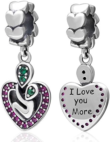 I LOVE YOU MORE Heart Dangle Charm 925 Sterling Silver Charm Mother and Daughter Purple and Green Fit European Bracelets Charms-Shining Charm