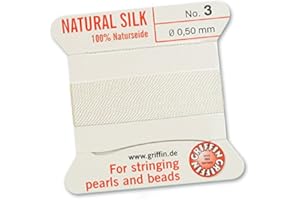 GRIFFIN SINCE 1866 GERMANY GRIFFIN 100% Natural Silk Beading Cord String Thread - White - 2 metres with one needle - Size 0.50mm