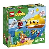 El set lego duplo aventura en submarino contiene un submarino de juguete y un pez de vivos colores que crean pompas y burbujas cuando se sumergen bajo el agua, y un arco con algas para construir