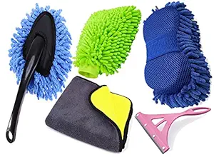 Car Cleaning kit, Car Cleaning Combo Car Cleaning Accessories | Car Mini Duster, Microfiber Glove, Microfibre Sponge, Glass Wiper, Car Cleaning Cloth | Car Washing Care Product (Pack of Five)