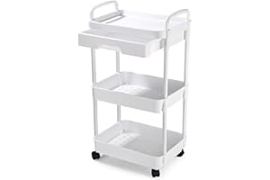 Zaxiva 3 Niveles Carrito Auxiliar con Ruedas, Multifunción Carro con Cajones, Ruedas Bloqueables y Fáciles de Montar, Carrito Auxiliar para Cocina, Baño y Oficina