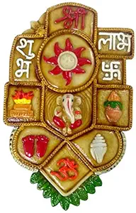 Purpledip Resin Wall Hanging 'Good Fortune': Auspicious Hindu Symbols Om, Shri, Ganesha, Shubh-Labh, Lotus, God's Footprints, Shankha, Kalash (10135A)