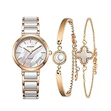 MAMONA Damen Uhr Analog Quarz mit Edelstahl Rosa/Gold Weiße Keramik Armband Set 3876LRGT