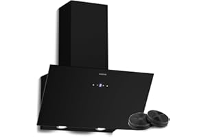 Klarstein Laurel Kopffreihaube - 60cm Winkel-Abzugshaube, 417 m³/h, Touch-Bedienung, LED-Beleuchtung, A+++ Energieeffizienz, Umluft & Abluft, leise, Glasdesign, dunstabzugshaube, Schwarz