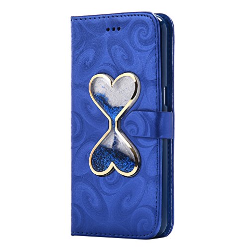 Samsung S7 Hülle, SpiritSun Ledertasche Schutzhülle für Samsung Galaxy S7 Liebe Herz Muster Bling Glitter Liquid Flüssig Schwimmend Design Folio PU Leder Tasche Case Cover Bookstyle mit Standfunktion und Kredit Kartenfächer - Blau