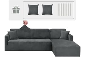 CHELZEN Velours Housse de Canapé Peninsula en Forme de L, 2 Pièces Housses de Canapé d'angle, Housse de Canapé pour Chaise Longue avec Deux Taies d'oreiller (3 Place+4 Place, Gris)