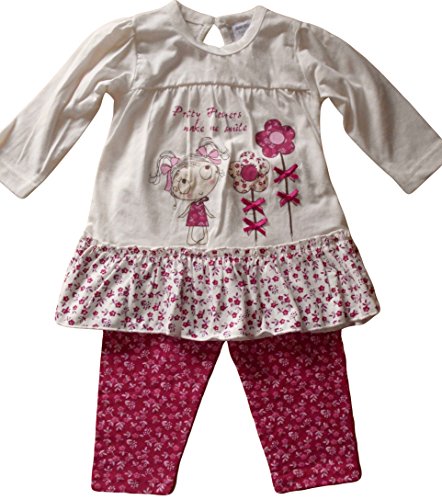 9-12 months - Baby Girls Beautiful Light Cream and Pink Little Girl & Flowers Long-sleeved Top with Leggings Outfit