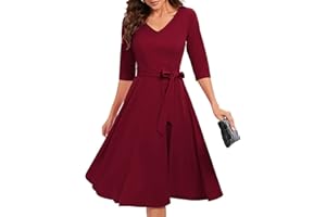 Bbonlinedress Rockabilly Kleider Damen 3/4 arm V-Ausschnitt Midi Langarm Festliche Kleider für Hochzeit Vintage Cocktailkleid