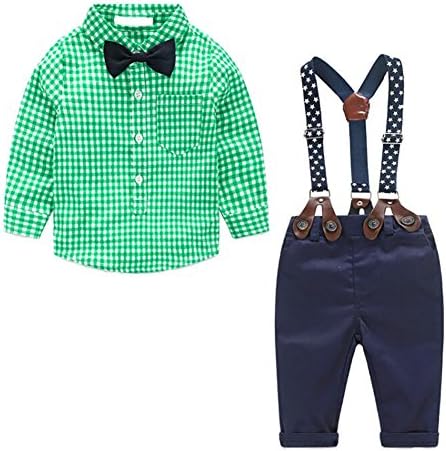 MissChild Baby Boy Plaid Shirt + Suspender Pants with Bow Tie£¬Toddler Jumpsuit Outfits Clothes Green 95