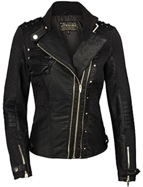 TRISENS DAMEN LEDERJACKE BIKER KURZ MOTORRAD JACKE KUNST PU LEDER SCHWARZ GOLD