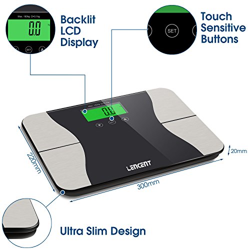 Smart Digital Personenwaage, Lencent Digitale Körperfettwaage mit Großem LCD-Display, Hartglasplattform, 180 KG Kapazität und 10 Benutzer Automatischer Step-On-Erkennung Badezimmerwaage, Messen Sie Gewicht/ Körperfett/ Wasser/ Muskel/ Knochenmasse/ BMI/ Kalorienbedarf und utw. - 2