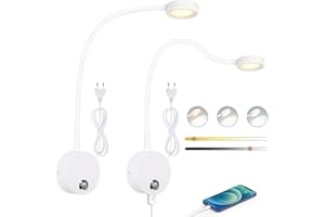 ERWEY 2 lampade da lettura a LED da parete, lampada da parete con dimmer touch (3000 – 6000 K), lampada da letto da 4 W con collo di cigno flessibile a 360° e porta di ricarica USB per letto, camera