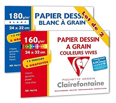 Clairefontaine Papier à dessin en pochette de 12 + 3 feuilles Lot de 1 pochette Blanc et 1 pochette Couleurs Vives