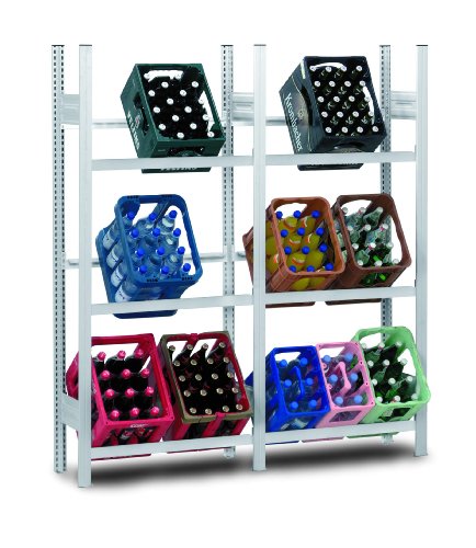 Getränkekistenregal, Stecksystem, Grundregal 1750x335x1060 mm + Anbauregal 1750x335x1010 mm (HxTxB) mit je 6 Traversen, Tragkraft 100 kg je Ebene, Kapazität: min. 12 Kisten, Oberfläche: verzinkt
