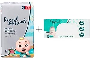Rascal + Friends Size 4 Cocomelon Nappy Pants 32 Pack + Baby Wipes