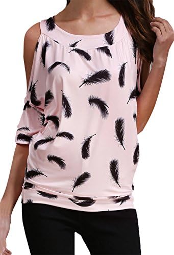 Jusfitsu Women Summer Feather Printed Off Shoulder Short Sleeve Top T-shirt Blouse Pink 2XL
