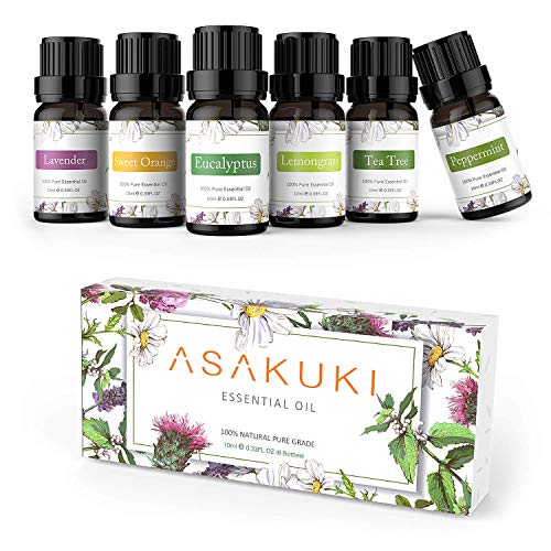 ASAKUKI Reine Ätherische Öle Geschenkset 6 x 10 ml, Natürlicher Lavendel, Eukalyptus, Zitronengras, Teebaum, Süßorange und Pfefferminze, Diffusor, Befeuchter, Massage oder selbstgemachte Seifen