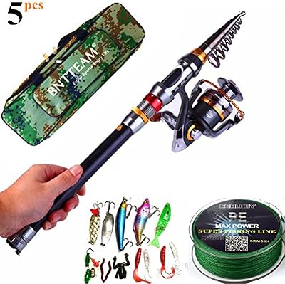 Bntteam 5 packs 2.1 m, 2.4 m, 3.0 m 99% de carbone télescopique Canne à pêche et 11BB Moulinet et sac de pêche 20in et Leurres et ligne, Canne à pêche Combo Lot de Pesca -3.0cm