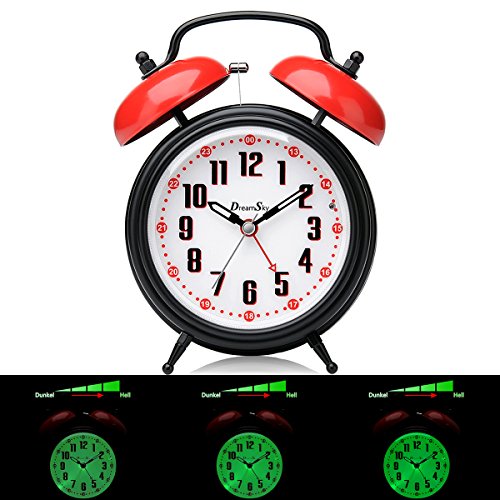 DreamSky Doppelglockenwecker mit sensorgesteuerter Lichtfunktion, Nachtlicht und Schlummerfunktion, 4 Zoll großes Zifferblatt, Analog Quarzwecker mit lautem Alarm, kein Ticken, geräuschlos, Batteriebetrieben, Schwarz&Rot