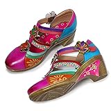 Exotische Mary-Jane-Pumpen crazycatz Damen Leder Mary Jane Blockabsatz Bunte Schuhe Patchwork-Block Ferse Schuhe Bunte Sandalen mit Absätzen (37 EU, Rosa-T)