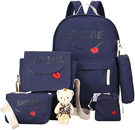 YiLianDa Canvas Frinting Four Sets of Backpack for Boys and Girls Middle School Students Bags Dark Blue