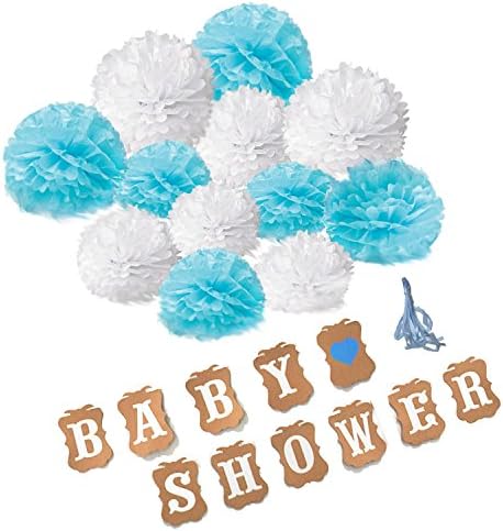 Recosis Baby Shower Paper Garland Bunting Banner with 12pcs Paper Pom Poms for Christening Baby Shower Decoration Birthday Party Favors - Blue