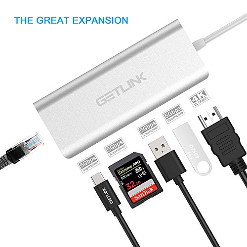 USB C Hub ,Getlink Typ C Hub mit USB C Ladeanschluss, HDMI Port 4K, Gigabit LAN, SD-Kartenleser, 2 USB 3.0 Port Adapter für Typ C Geräte wie MacBook Air, MacBook Pro, Mac Mini, Google Chromebook (Silber) - 8