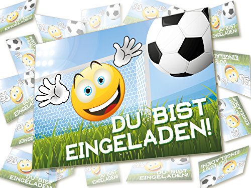 12 Lustige Einladungskarten im Set für Kindergeburtstag Emoji Smiley Fussball Party für Jungen Mädchen Kinder Partyspiele Karten Tor Kicken Stadion witzig - 5