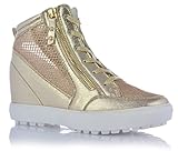  Damenschuhe Keilabsatz High Top Sneaker Strasssteine Glitzer Knöchelschuhe Netz EUR 39 Gold