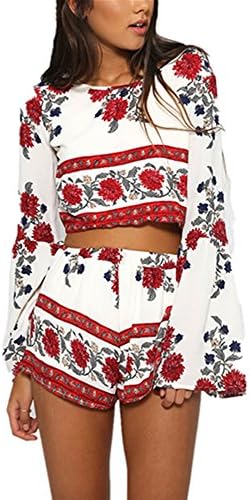 Monissy Womens 2 Pieces Summer Playsuit White &amp; Red Printing Top and Bottom