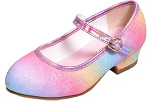 PEARLEAF Girls Party Wedding Mary Jane Rainbow Sparkly Sandals Low Heel Princess Shoes Size