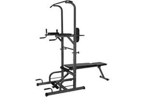 EIGFOH Estación de Dominadas, Maquina Dominadas Altura Ajustable, Máquina de Musculación con Banco de Pesas Plegable, Estación de Musculación para Fitness en Casa Gimnasio