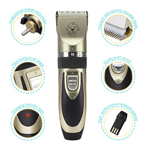 Pet-Grooming-Clippers-YaFex-Rechargeable-Cordless-Pet-Hair-Shaver-Grooming-Trimmer-Kit-set-with-Low-Noise-Low-Vibration-Cordless-Pet-Fur-Grooming-Set-with-4-Comb-Guides-and-Cleaning-Brush-for-Cats-and