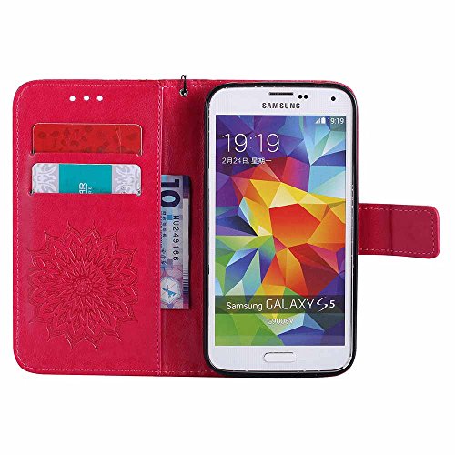 Galaxy S5 Hülle, Galaxy S5 Neo Hülle, Dfly Premium Slim PU Leder Mandala Blume prägung Muster Flip Hülle Bookstyle Stand Slot Schutzhülle Tasche Wallet Case für Samsung Galaxy S5 / S5 Neo, Rot - 4