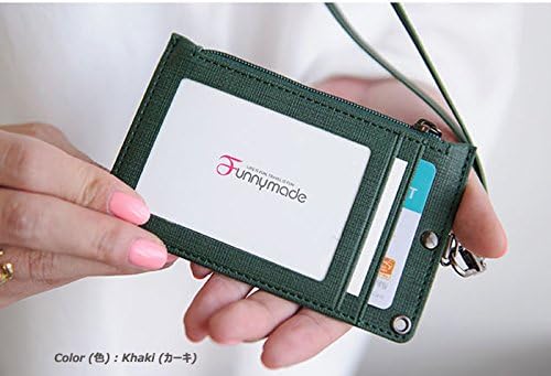 ID Card Badge Holder Zipper Unisex Case Purse Wallet Pocket Lanyard Necklace Neck Strap (Khaki)