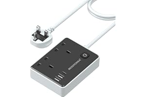 ROOTOMA Extension Lead with 3 USB Slots (1 USB C), Surge Protected 2 Plug Extension Lead 2M with Switch, USB Power Strip for Home Bedroom Kitchen Office, Black
