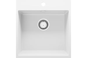 PRIMAGRAN Evier Cuisine en Granit Blanc 48x50cm, Lavabo 1 bac + Kit de Vidage, Évier à Encastrer al mueble 50cm - Riga S122