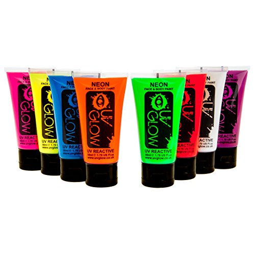 8 x 50ml UV-Bodypaint Körpermalfarben Schwarzlicht fluoreszierende Schminke Bodypainting Neon Farben Leuchtfarben - 2