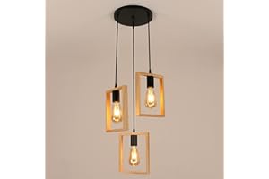 Aiskdan Suspension Luminaire Industrielle, 3 Lumières Luminaire Plafonnier Vintage Lampe Suspension en Bois, E27 Lustre Industriel Réglable en Hauteur pour Chambre Salle à Manger Cuisine Salon Bar