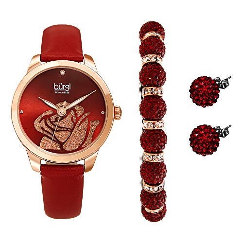 Burgi BUR244 Ladies Gift Set Stylish Accented Rose Cut-out Watch Leather Strap, and Glitter Markers, Crystal Beaded Bracelet and Crystal Earrings (Red)