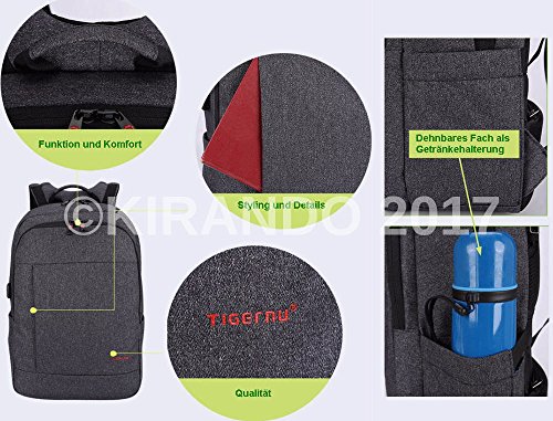 Kirando’s Premium Business Computer Rucksack – Diebstahl-Sicherung – USB-Anschluss z.B. für Power-Bank – 2 Farben – bis 15,6 Zoll – Audio-Kabel Zuführung – Getränke-Halterung – Testsieger 2017 - 8