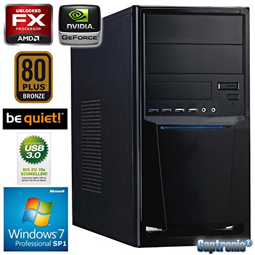 Captronic® GAMING-SYSTEM Windows 7 Professional 64bit (Lizenz + Datenträger) | be quiet! 80+ Bronze Super Silent 300W Netzteil mit 80plus Bronze Zertifizierung | SixCore Silent PC Front USB 3.0 AMD FX-Series FX-6300 6x 3,50GHz Vishera (Turbo bis 4100MHz) | KINGSTON 8GB DDR3-1600 | LG 24x DVD-Brenner | 1000GB HDD SATA3 | Gigabyte GA-78LMT-USB3 | ASUS GeForce GT 730 2GB DDR5 HDMI / DVI / VGA (schneller als GT740 mit DDR3 RAM) | CardReader | 7.1 Sound | GigabitLAN | Design Gehäuse Schwarz